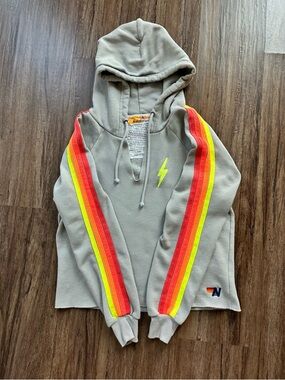 Aviator Nation Bolt Split Neck Hoodie in Light Grey/Neon. Size S